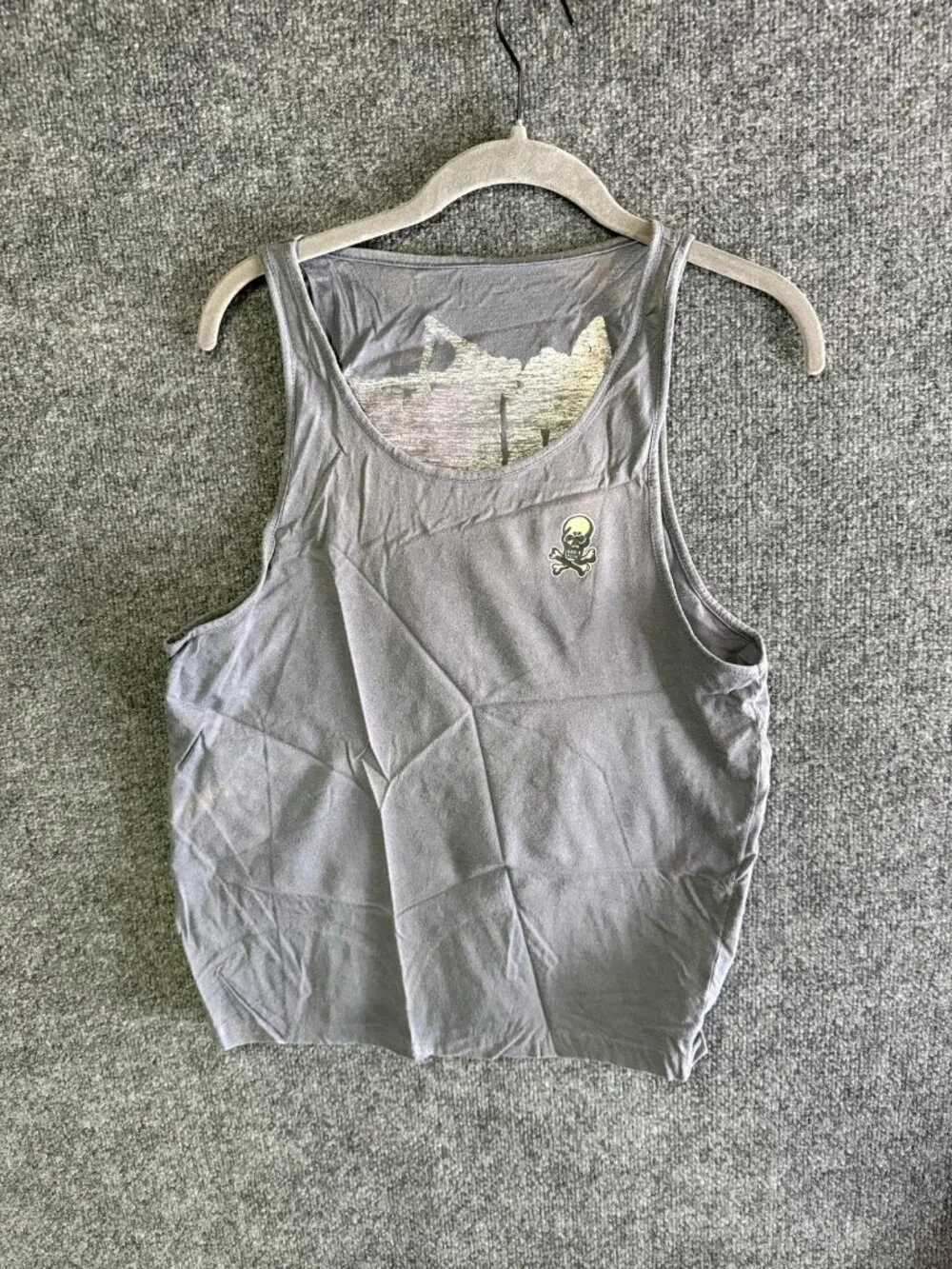 Surf Till You're Dead Tank Top Womens Small Gray Cropped Skull Graphic Jersey